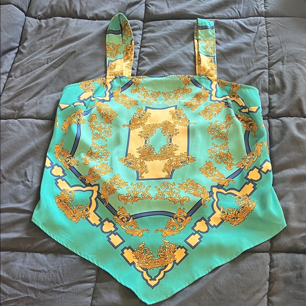 Women's Turquoise Baroque Print Handkerchief Hem Tank Top